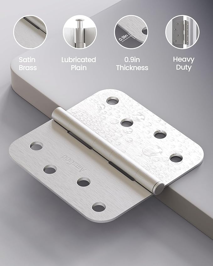 4" X 4" Nickel Door Hinges – 6 Pack Brushed Nickel Door Hinges with 5/8" Radius, Rounded Interior Heavy Duty 4 Inch Exterior & Front Door Hinge for Residential Use