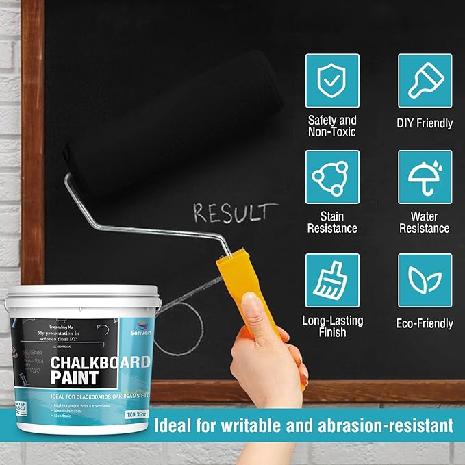 Chalkboard Paint Black Chalk Board Paint for Wood, Metal, Glass, Wall, Plaster Boards Sign, Frame, Interior/Exterior, All-in-One Primer & Top Coat, Black Matte, Acrylic, 35oz Cover 130 sf with Tools kit
