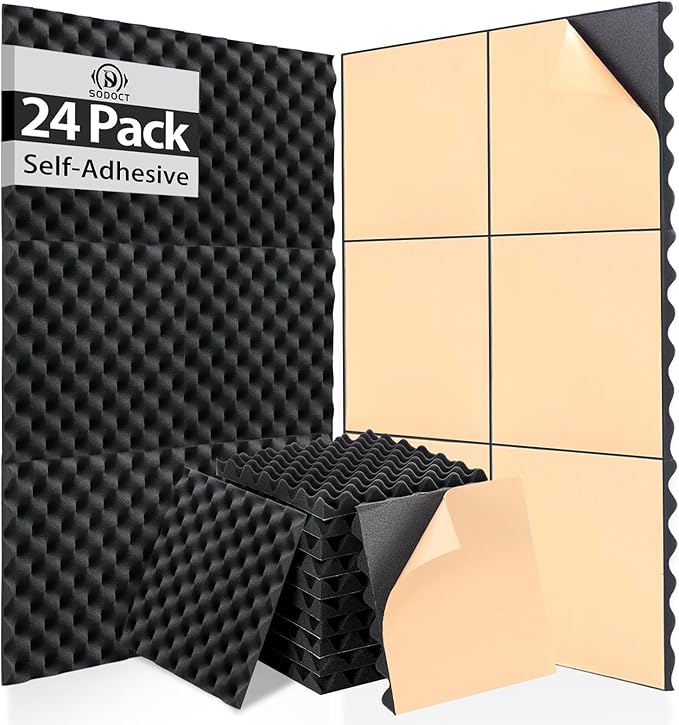 SD SODOCT 24 Pack Self-Adhesive 12" X 12" X 1.2" Egg Crate Soundproof Wall Panels for Studio, Room Acoustic Treatment Foam, Sound Absorbing Foam Black