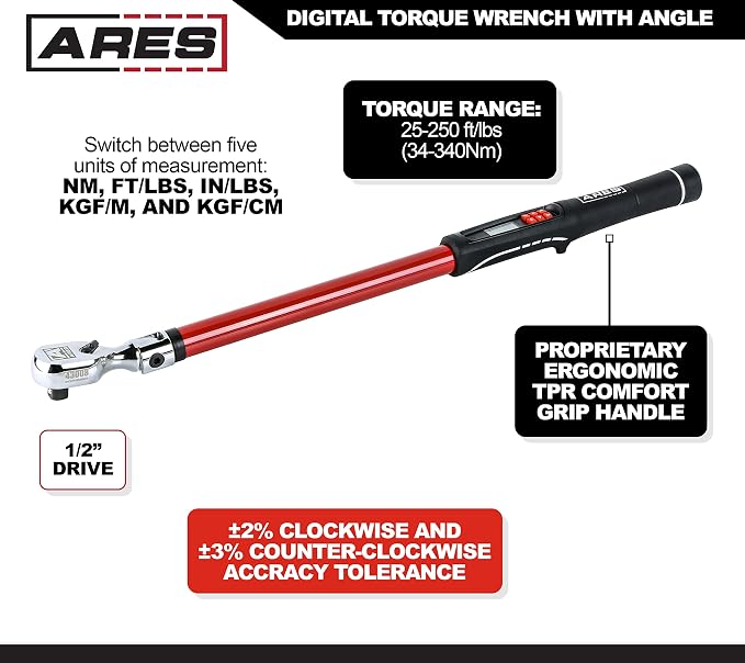 ARES 43008 1/2-Inch Drive Flex Head Digital Torque Wrench | Torque and Angle Readings
