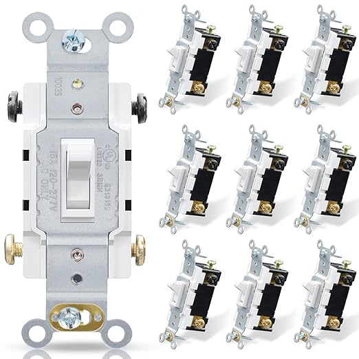 ELEGRP 4 Way Toggle Light Switch, 15 Amp, 120-277V, Toggle Framed AC Quiet Switch, in Wall On/Off Switch, Self-Grounding, Residential and Commercial Grade, UL Listed (10 Pack, Glossy White)
