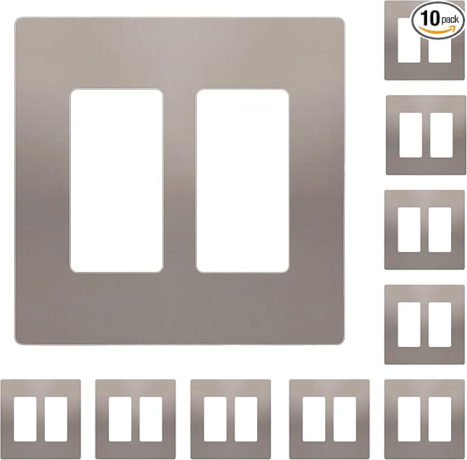 ENERLITES Elite Series Screwless Decorator Wall Plate Child Safe Outlet Cover, Size 2-Gang 4.68" H x 4.73" L, Unbreakable Polycarbonate Thermoplastic, SI8832-NK-10PCS, Glossy, Nickel (10 Pack)