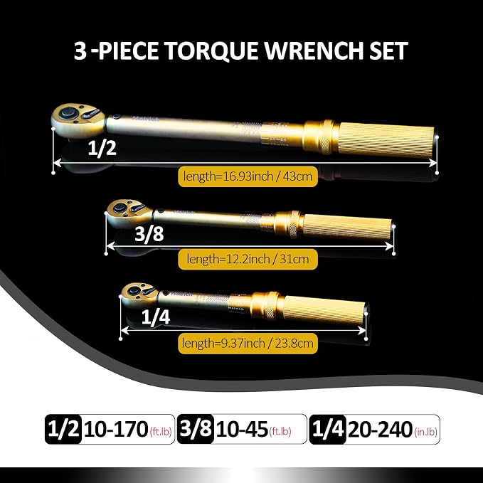 Hairich 1/4 3/8 1/2 inch Drive Click Torque Wrench, 3Pcs Torque Wrench Set 20-240in.lb, 10-45ft.lb, 10-170ft.lb,72-Tooth Dual Range Scales with Quick Release Reversible Head for Car