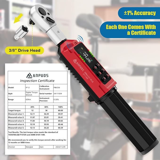 Adjustable Digital Torque Wrench, 0.66-44.29 Ft.lb, ±1% Accuracy | 0.9-60 Nm, 35mm Jaw & 3/8" Ratchet, 9×12mm Open End, Vibration, Buzzer and LED Indicator for for HVAC, Motorcycle, Plumbing