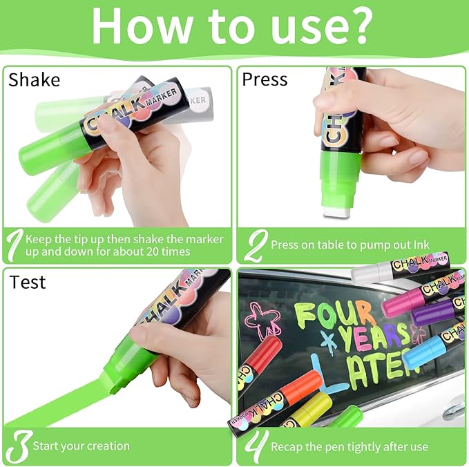 Versatile Jumbo Chalk Markers: 8 Vibrant Car Window Paint Markers Washable for Auto, 15mm Bold Tip for Blackboards, Bistro Menus, Chalkboards, Mirrors, and Glass. Perfect for Teachers and Businesses