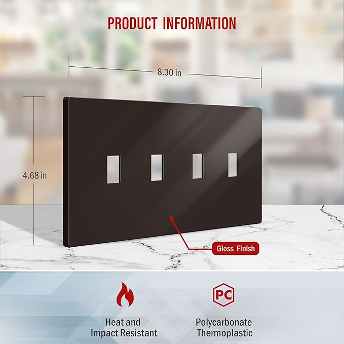 ENERLITES Screwless Quadruple Toggle Switch Wall Plate, Child Safe Light Switch Cover, Standard Size 4-Gang 4.68" x 8.38", Unbreakable Polycarbonate Thermoplastic, UL Listed, SI8814-BR, Glossy, Browm