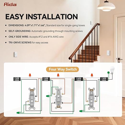 AIDA 4 Way Toggle Light Switch, 15 Amp, 120 Volt, Toggle Framed AC Quiet Switch, in Wall On/Off Switch Replacement, Self-Grounding, Residential and Commercial Grade, UL,Glossy White