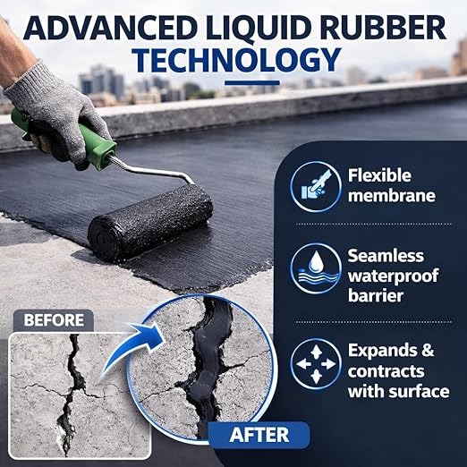 Black Liquid Rubber Waterproof Coating - Industrial Grade Sealer for Foundation & Flat Roof Repair - Heavy Duty Waterproofing Membrane for Concrete, Wood & Metal - UV Resistant - 1 Quart