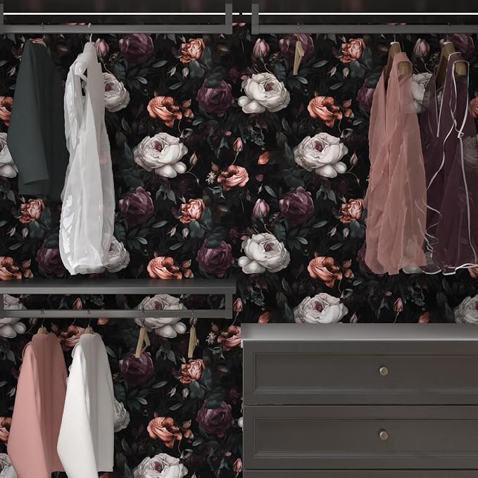 Gothic Dark Purple Rose Floral Wallpaper Peel and Stick 17.5"x393" | Self Adhesive/Removable/Waterproof/Thick Vinyl Contact Paper for Bathroom Bedroom Shelf Cabinet Drawer,Prepasted,Easy Peel