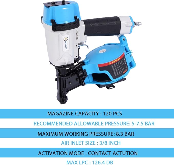 Guatemala Style CN45N Roofing Nailer, 15 Degree Roofing Nail Gun, 3/4-Inch to 1-3/4-Inch Coil Nails, 120-pcs Load Capacity Coil Nailer