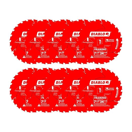 Diablo Framing Saw Blade for Wood - 7-1/4" x 24-Tooth, Thin Kerf, Anti-Vibration, Long Life for Framing & Pressure-Treated Wood, Tracking Point Tooth Design - Pack of 10 - D0724A