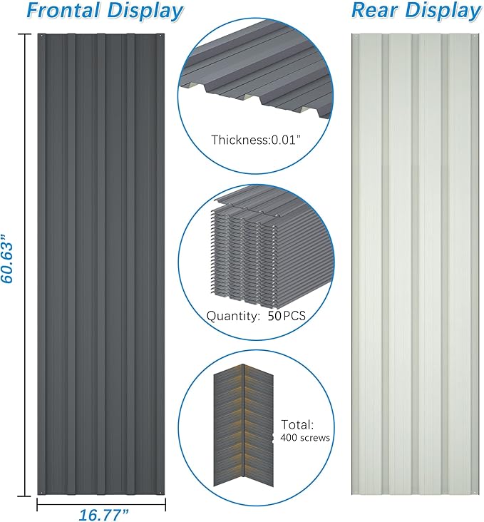 Roof Panels 50 pcs L60.63×W16.77 inch Galvanized Steel, Metal Corrugated Tin Roofing Panels Gazebo Top Cover Heavy Duty Roof Replacement for Patio Outdoor Garden, Grey