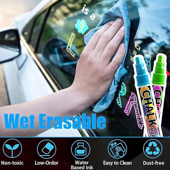 Celepen Window Chalk Markers for Cars Glass Washable, 8 Colors Jumbo Liquid Chalk Marker Pens with 15mm 3 in 1 Nib Wide Tip, Chalkboard Markers Car Window Paint Pen for Auto, Mirror, Poster, Business