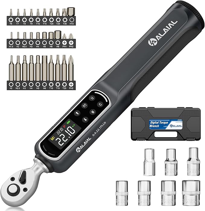 1/4" Drive Digital/Electronic Torque Wrench Set 0.4-22.1 Ft.Lb | ±2%Accuracy, LED Display, Buzzer & Vibration Alert, Dual Direction, with Bits, Sockets, Hex, for Motorcycle, Bike Repair, DIY