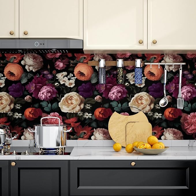 Fvlow Colorful Flower Dark Floral Peel and Stick Wallpaper 17.4" x 394" | Renter Friendly, Removable & Waterproof, Vinyl Easy Install for Bedrooms, Bathrooms, Kitchens, Cabinets and Home Decor