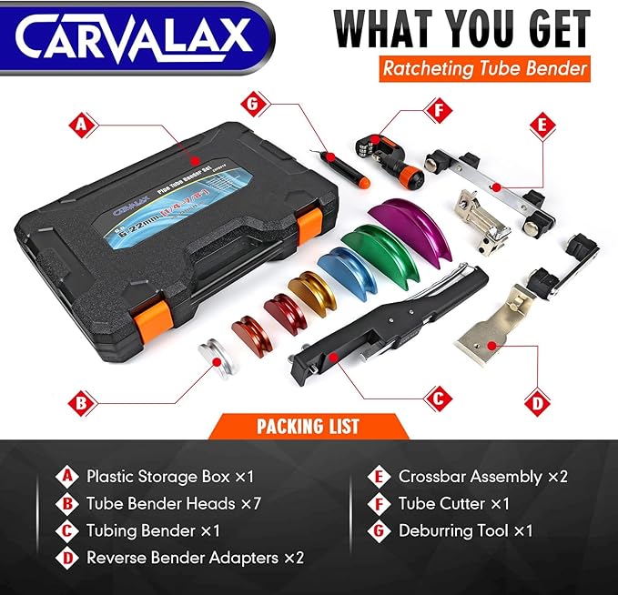 CARVALAX Pipe Tube Bender Set, for 1/4” to 7/8” O.D, 90° Ratcheting Tubing Bender Kit with Reverse Bending Adapters and 7 Multi-Color Aluminum Heads, for HVAC Air Condition Heating Repair