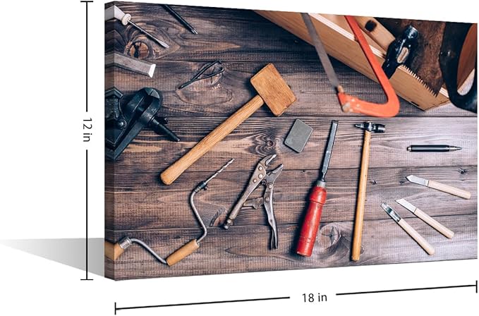 1 Panels Canvas Wall Art Instruments on Wooden Table Background Picture Hammer Cutter Utensil Poster Framed Artwork for Home Living Room Bedroom Wall Decor Ready to Hang (12" Wx18 H)