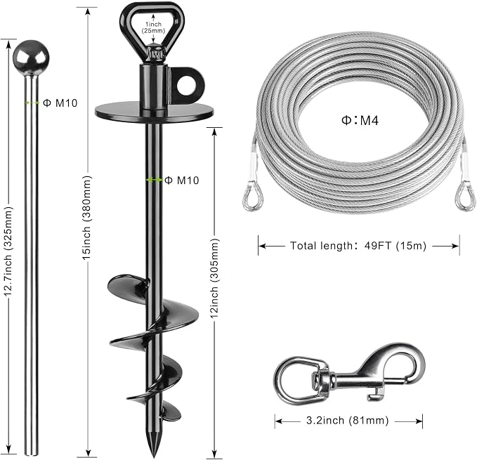 SELEWARE Dog Tie Out Cable and Stake, Dog Stake with 49FT Heavy Duty Cable | 15" Long Anti-Rust Heavy Duty Dog Stake for Large Dogs up to 220 lbs, Easy Install with Twist Rod for Yard, Camping Outside