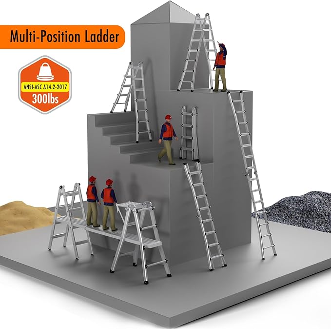15FT Adjustable Folding Multi-Position Ladder,A Frame 4-Step Anti-Slip Ladder with Aluminum Joint,Silver,ANSI Type 1A, 300 lbs Load Capacity,Welding Construction (YQGNT-4540)