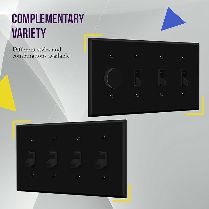 ENERLITES Quad Light Switch Wall Plate, Four Gang Toggle Switch Plate, 4-Gang Mid-Size 4.88" x 8.58", Unbreakable Polycarbonate Thermoplastic, 8814M-BK-2PCS, Black (2 Pack)
