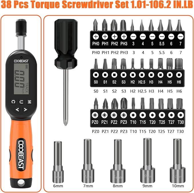 38pcs Digital Torque Screwdriver 1/4" Drive(1.01-106.2in-lbs/0.11-12Nm) | Buzzer&LED Indicator,Torque Wrench Screwdriver Set,Inch Pound Torque Screwdriver,for Gunsmithing,Scope Mounting