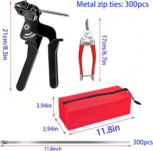 11.8in heavy-duty metal cable ties, 300 piece metal cable tie gun set, 304 stainless steel, multi-functional self-locking cable tie tool set, suitable for outdoor fencing, farms, and pipe bundling