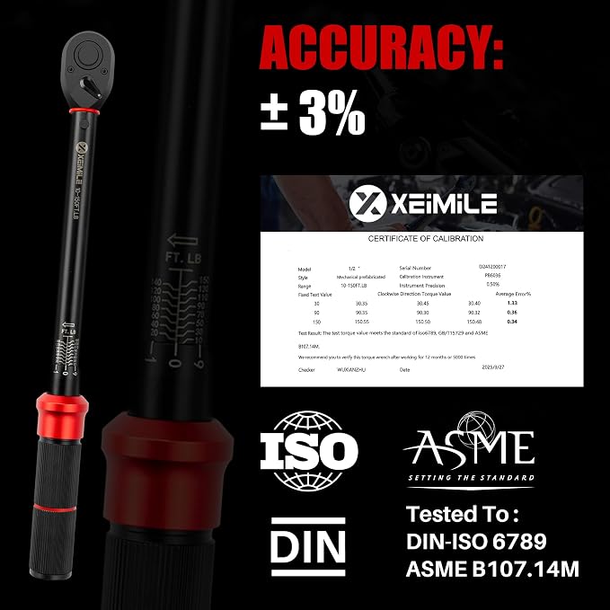 1/2-Inch Drive Click Torque Wrench-10-150 Ft-Lb for Car Motorcycle | Adjustable Inch Pound Torque Wrench (13.6-203.4Nm),72T Dual-Direction Dual Range, 3% Precision for Bike Lug Nut Machinery DIY
