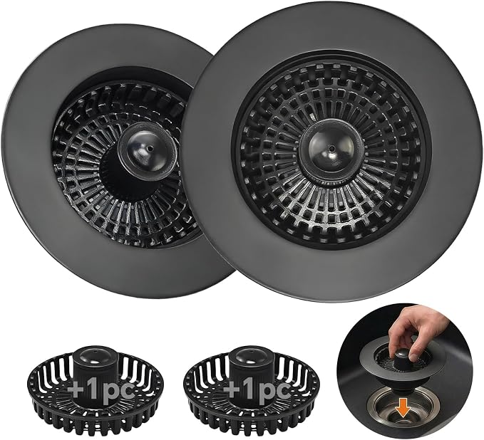 Kitchen Sink Stopper, 3 in 1 Pop Up Kitchen Sink Drain Strainer, with an Extra Basket Strainer, Sink Drain Stopper for US Standard 3-1/2 Inch, Brass Material Electroplate (Black 2pcs)