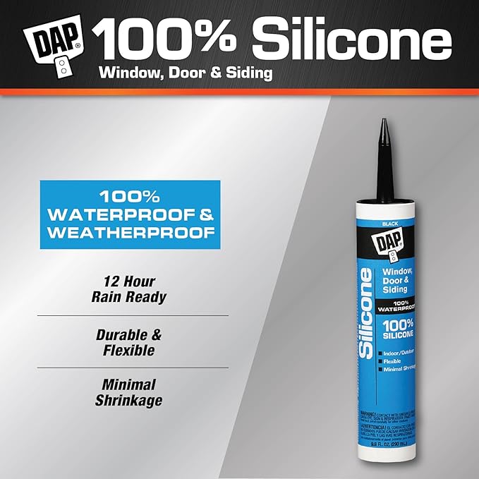 DAP 100% Silicone Rubber Window, Door, and Siding Sealant, Black 9.8 Oz (7079808642)