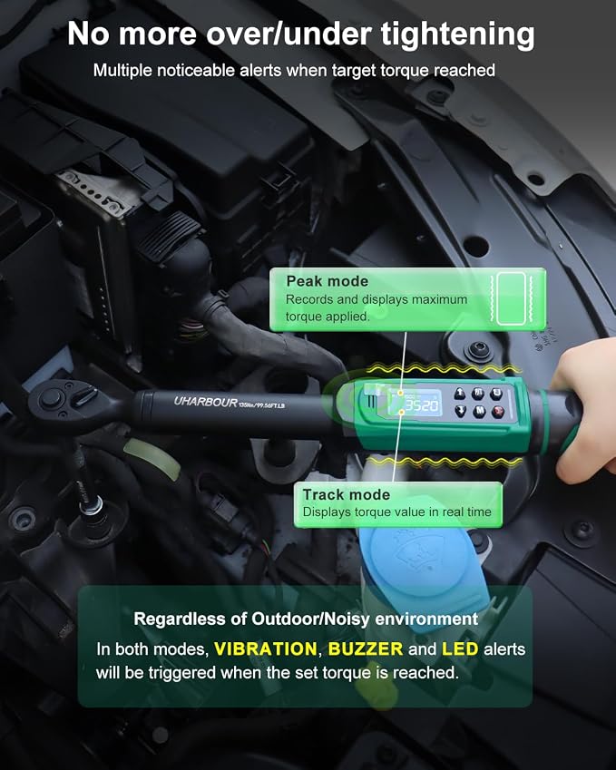 Uharbour 3/8" Digital Torque Wrench 1.5-99.5ft-lbs/6.8-135Nm | ±1% Accuracy Electric Wrench, Dual Direction Ratchet, Vibration & LED Alert