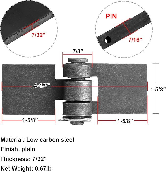 heneng 4 Pcs Steel Butt Hinge, 4-1/2" x 1-5/8", Heavy Duty Weld-On Trailer Hinge, 7/32" Thick