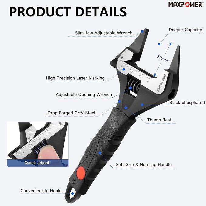 MAXPOWER 6-inch Slim Jaw Adjustable Wrench, Extra Thin Jaw Wide Opening Wrench, Dual Scale with Metric and SAE, Soft Grip Handle