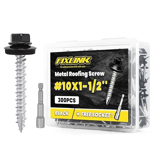 Metal Roofing Screws #10 x 1-1/2", 300 PCS, FIXLINK Baking Paint Hex Head Rubber Washer Sheet Metal Roof Screws Self Tapping Metal to Wood Siding Screws, Hex Socket Included, Black