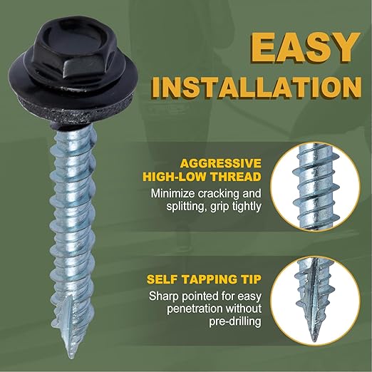 LIONMAX Metal Roofing Screws #10 x 1 Inch, 300-PCS, Black Painted Hex Head Sheet Metal Roof Screws, Rubber Washer, Sharp Point, Metal to Wood Siding Screws, Hex Socket Included
