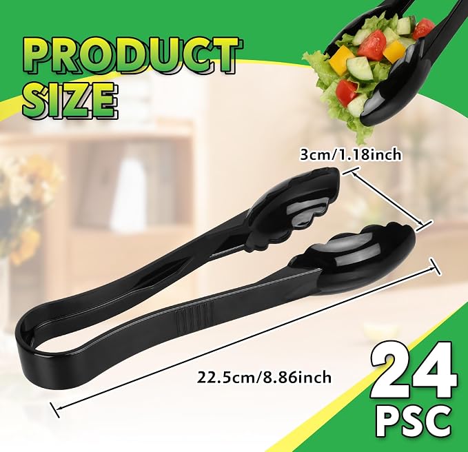 24 Pack Plastic Tongs for Serving, 9 Inch Heavy Duty Hard Plastic Serving Tongs with Scalloped Tips, Reusable or Disposable Serving Utensils for Buffets, BBQ, Bakery, Parties & Catering