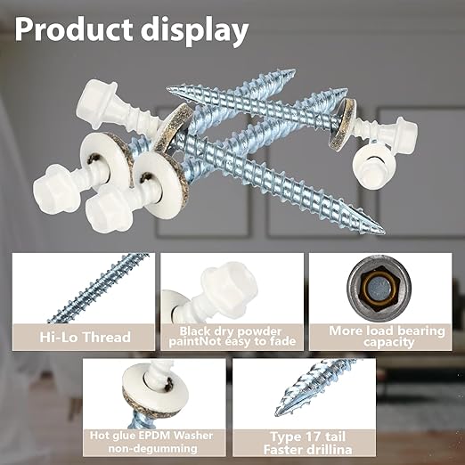 Metal Roofing Screws 10 x 1-1/2 inch, Brite White Hex Head Sheet Metal Roof Screw with EPDM Washer for Corrugated Roofing (250Pcs)