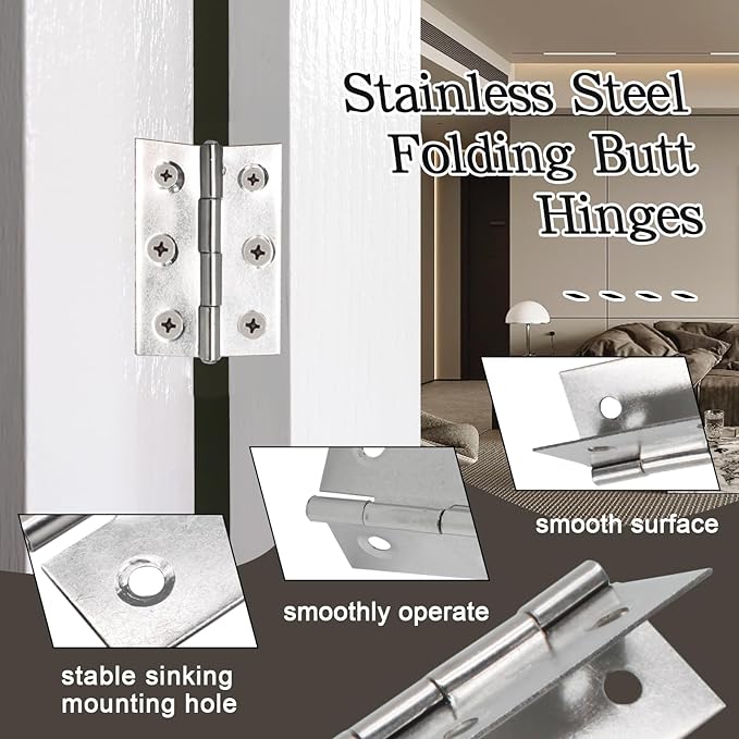 Luomorgo 20 Pack 2 Inch Mini Hinges Butt Hinges, Stainless Steel Cabinet Hinges, Small Folding Door Hinge for Wooden Box, Crafts (Silver)