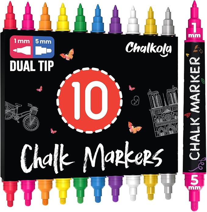 Chalkola Dual Tip Liquid Chalk Markers for Blackboard - (10 Pack, 1mm+5mm Fine, Bold Tip, w/Gold Silver) | Wet Erase, Erasable Chalk Pens for Chalkboard Signs, Car Windows, Calendar, Glass, Board