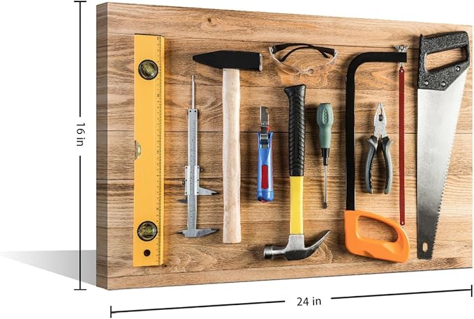 TUMOVO Wall Art for Office Wall Art Assorted Work Tools on Wood Background 1 Panels Picture Canvas Print Artwork Home Study Repair Shop Wall Decor Modern Hammer and Ruler Poster ((16" Wx24 H)