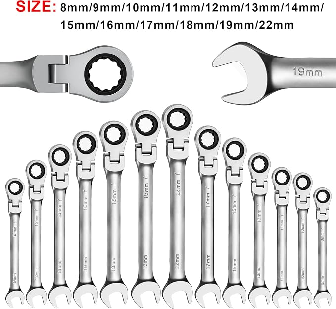 WISEUP Ratchet Wrench, 15mm Flex Head Ratcheting Wrench | CR-V Anti-slip Labor-saving, 2 in1 Industrial Wrench, Mechanic Automotive Tools