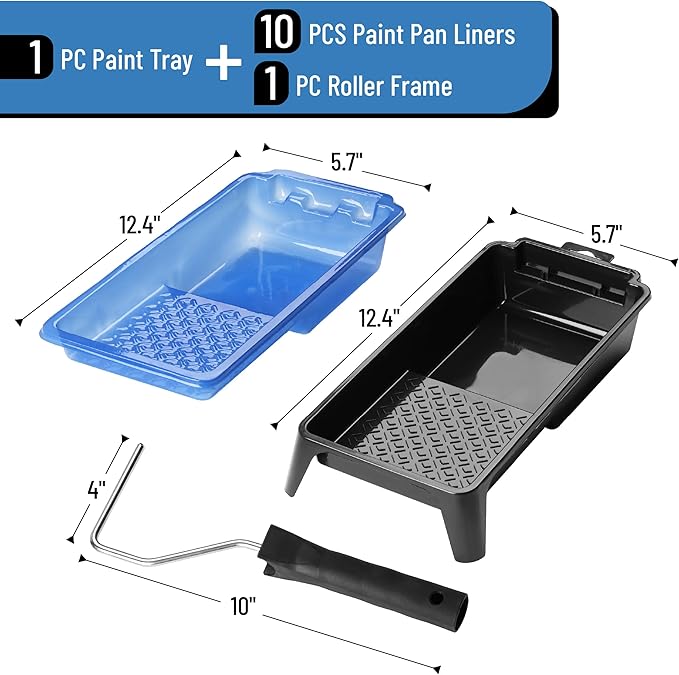 Bates- 4 Inch Paint Tray Set, 12 pcs, Black & Blue, 1x 4 Inch Paint Roller Tray, 10x Disposable Plastic Liners & 1x Roller Frame