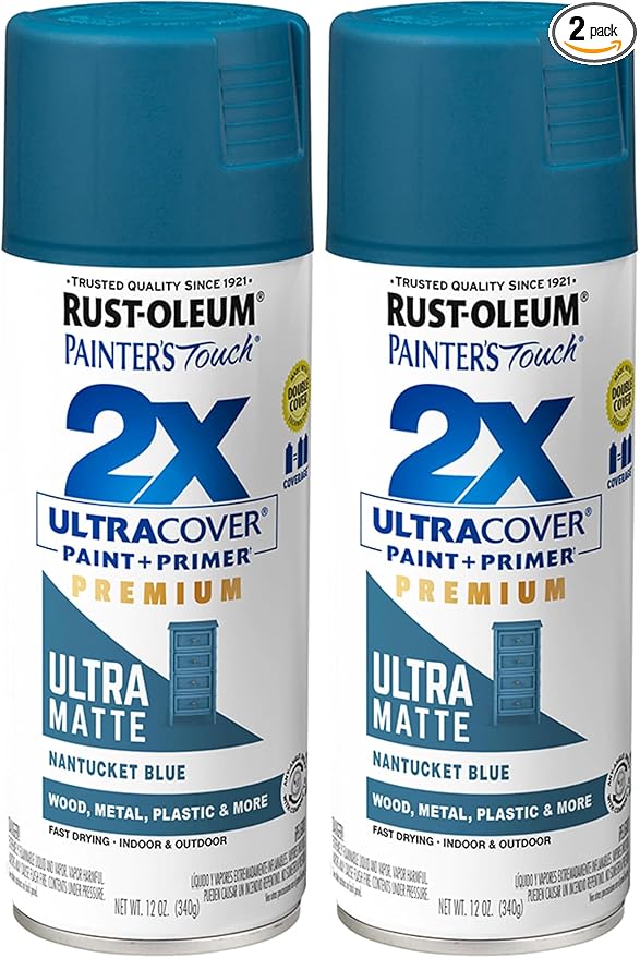 Rust-Oleum 331188 Painter's Touch 2X Ultra Cover Spray Paint, 12 oz, Ultra Matte Nantucket Blue (Pack of 2)