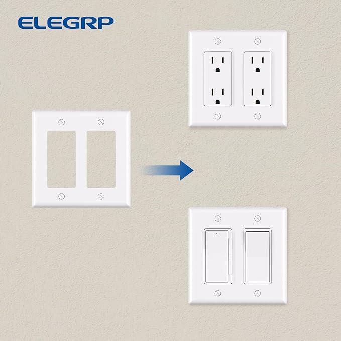 ELEGRP 2-Gang Decorative Wall Plates, Standard Size 4.53" H x 4.57" L Unbreakable Thermoplastic Faceplate Cover for Decorator Receptacle Outlet Switch, UL Listed (5 Pack, Glossy White)