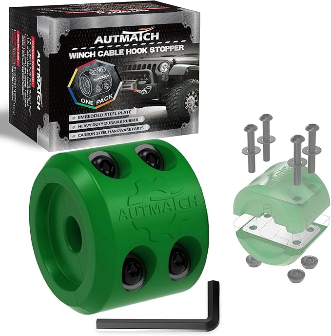 AUTMATCH Winch Cable Hook Stopper (1 Pack), Silicone Rubber Winch Stopper for Wire & Synthetic Rope, Winch Line ATV UTV, Shock Absorbent, Prevent Pulling Bounce and Abrasion, Dark Green