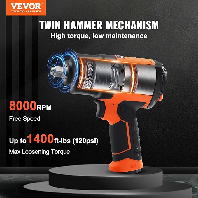 VEVOR 1/2-Inch Air Impact Wrench - High Torque 1400 ft-lbs - Lightweight 4.6 lb - Includes 11-Piece CR-V Steel Impact Socket Set & Carrying Case | For Automotive Repair and Tire Removal, Lightweight 4.6 lbs, Includes 11-Piece CR-V Steel Impact Socket S...