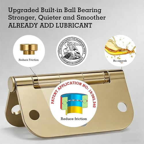 12 Pack Anti Squeak Polished Brass Door Hinges 3.5 Inch 5/8" Radius Round Ball Bearing Interior 3-1/2"Flat Bifold Standard Bedroom Indoor for Doors 3 ½" Hardware Essentials Home Decor Accessories