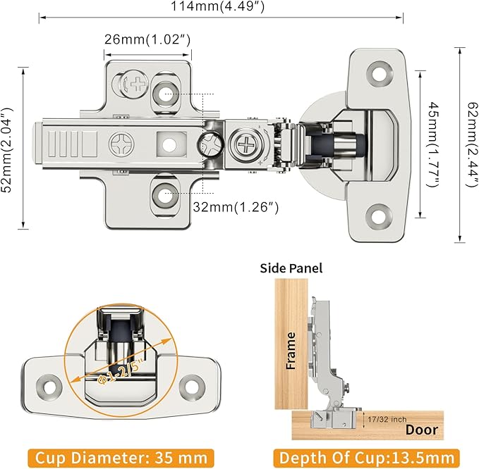 Chibery 20 Pack Frameless Half Overlay Soft Close Concealed European Hinges, Self Closing Satin Nickel, 105 ° Open Angle 4D Adjustment, Speed Control, Clip On, Stainless Steel for Cabinet Door