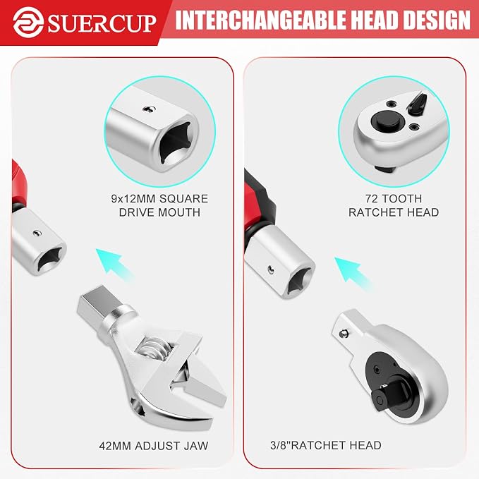 9x12 mm Adjustable Digital Torque Wrench, 0.66-44.29Ft.Lb/0.9-60N.m | Interchangeable Open End Head 42mm Jaw & 3/8" Ratchet, Vibration/Buzzer/LED Alert, for Split AC, HVAC, Bike & Moto Repair