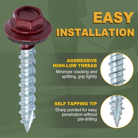 LIONMAX Metal Roofing Screws #10 × 3 Inch, 300-PCS, Dark Red Painted Hex Head Sheet Metal Roof Screws, Rubber Washer, Sharp Point, Metal to Wood Siding Screws, Hex Socket Included