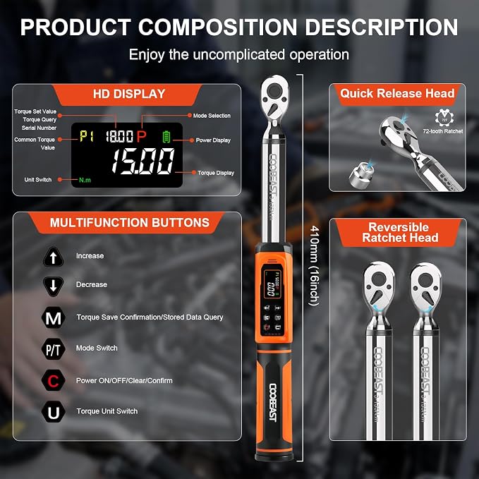 coobeast 3/8 Drive Digital Torque Wrench(1.5-99.5 Ft-lbs./2-135Nm) | Preset Value Torque Wrench with ±2% accuracy, Buzzer and LED Flash Five Units of Measure for Motorcycle, Auto Repair